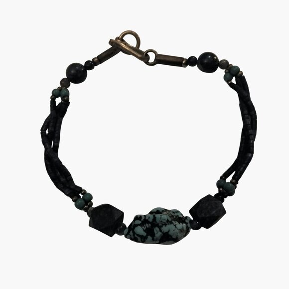 Lapis Beaded Bracelet Natural Stone Accents Handmade Hook Closure 8 inch - Picture 3 of 6